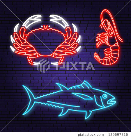Set of best seafood neon sign crab, tuna fish, shrimp. Vector. For seafood emblem, sign, patch, shirt, menu restaurants, fish markets, stores. Neon sign, bright signboard, light banner 129697816