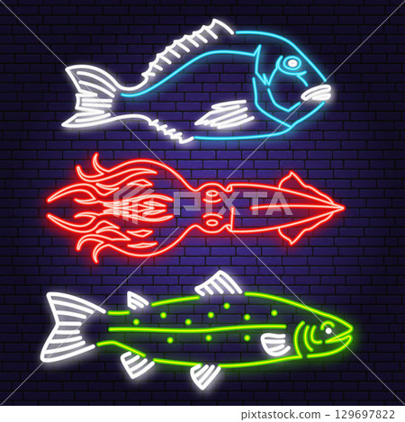 Set of best seafood neon sign fish trout, squid, dorado. Vector illustration. For seafood emblem, sign, patch, shirt, menu restaurants, fish markets, stores. Neon sign, bright signboard, light banner 129697822