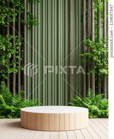 Elegant Product Podium Display Set Against Forest Backdrop with Wooden Accents Elegant Product Podium Display Set Against Forest Backdrop with Wooden Accents 129697847