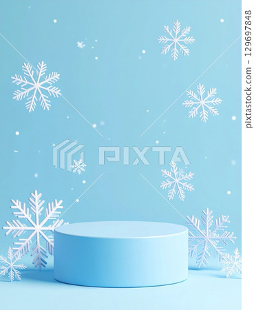Light Blue Podium with White Paper Snowflakes on a Matching Background for Winter Display Light Blue Podium with White Paper Snowflakes on a Matching Background for Winter Display 129697848