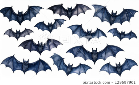 Watercolor Illustration of Bats Flying in Formation Against White Background 129697901