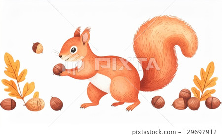 Watercolor Illustration of a Fluffy Squirrel Surrounded by Nuts and Autumn Leaves 129697912
