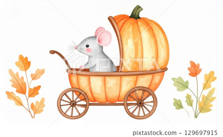 Cute Gray Mouse in an Orange Pumpkin Carriage with Autumn Leaves Watercolor Art 129697915