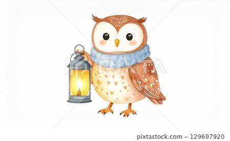 Watercolor Illustration of Brown Owl Wearing Blue Scarf Holding Lit Lantern 129697920