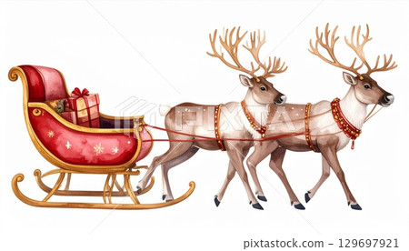 Watercolor Illustration of Red Sleigh with Two Reindeers on a White Background 129697921