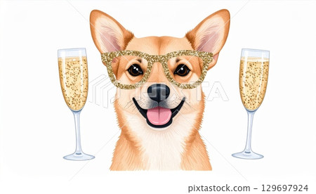 Joyful Corgi Dog with Gold Glasses Toasting with Champagne on White Backdrop Joyful Corgi Dog with Gold Glasses Toasting with Champagne on White Backdrop 129697924