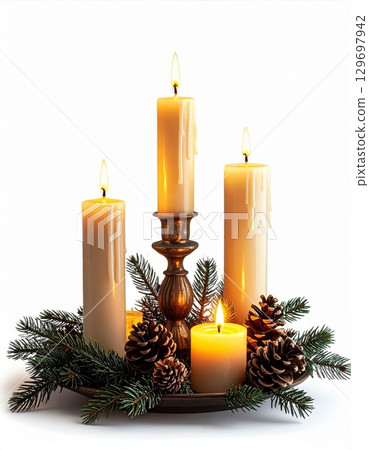 Three Ivory Candles with Pine Sprigs and Pinecones Decoration on White Background 129697942