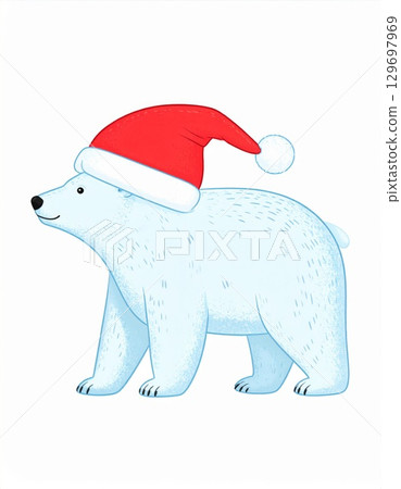 Pixelated Illustration of a Polar Bear Wearing a Red Santa Hat on White Background 129697969