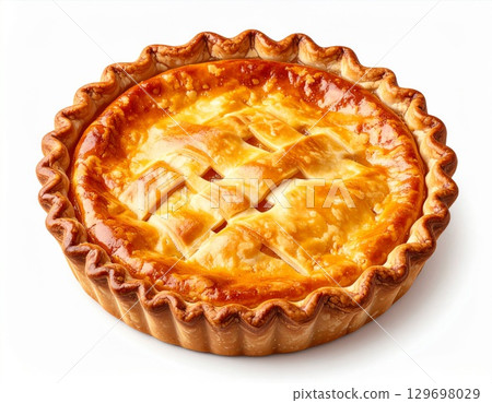 Golden Apple Pie with Lattice Crust on White Background in Studio Lighting 129698029