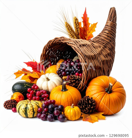 Festive Cornucopia Displaying Pumpkins Grapes and Autumnal Leaves on White Background 129698095