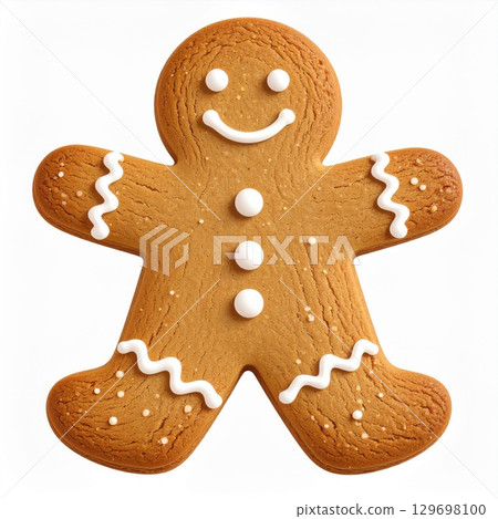Gingerbread Man Cookie with White Icing on a White Background Holiday Treat 129698100