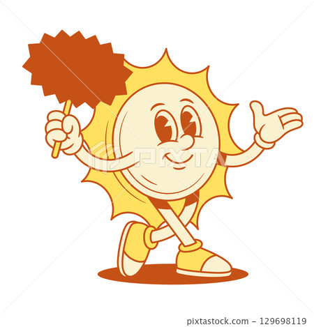 Comic yellow sun cartoon character with signboard promo contoured vector flat Comic yellow sun cartoon character with signboard promo contoured vector flat 129698119