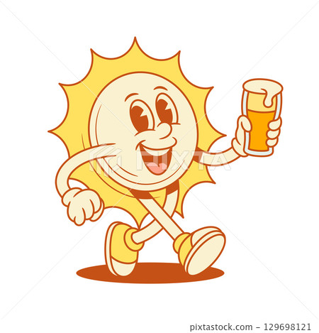 Smiling yellow sun cartoon character with beer glass contoured vector flat illustration 129698121