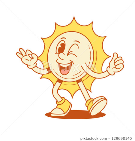Funky playful yellow sun cartoon character ok okay contoured vector flat illustration 129698140