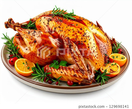 Golden Roasted Turkey with Citrus and Rosemary on a Decorative Plate 129698141