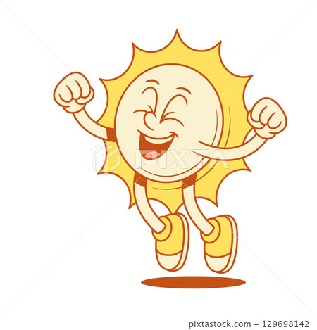 Overjoyed yellow sun cartoon character jumping win contoured vector flat illustration 129698142