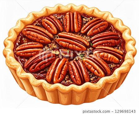 Golden Pecan Pie Dessert Featuring Rich Caramel and Nutty Flavors on White Background 129698143