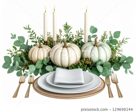 Festive Thanksgiving Table Decoration with White Pumpkins and Candle Centerpiece 129698144