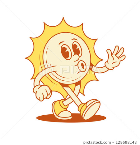Cheerful yellow sun cartoon character walking whistling contoured vector flat illustration Cheerful yellow sun cartoon character walking whistling contoured vector flat illustration 129698148