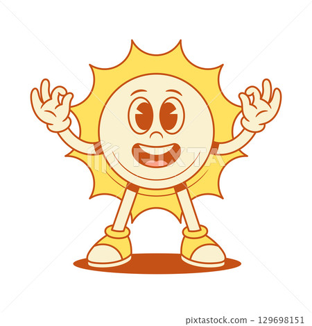 Funny yellow sun cartoon character ok okay gesture contoured vector flat illustration Funny yellow sun cartoon character ok okay gesture contoured vector flat illustration 129698151