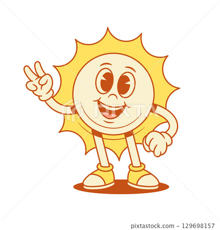 Happy playful yellow sun cartoon character peace gesture contoured vector flat illustration Happy playful yellow sun cartoon character peace gesture contoured vector flat illustration 129698157