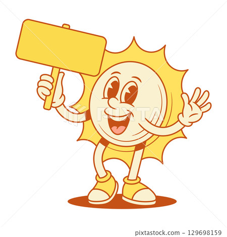 Funky yellow sun cartoon character with signboard advertising contoured vector flat Funky yellow sun cartoon character with signboard advertising contoured vector flat 129698159