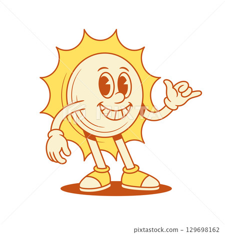 Comic yellow sun cartoon character surf cool gesture contoured vector flat illustration Comic yellow sun cartoon character surf cool gesture contoured vector flat illustration 129698162