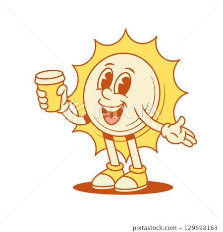 Cute smiling yellow sun cartoon character with coffee paper cup contoured vector flat Cute smiling yellow sun cartoon character with coffee paper cup contoured vector flat 129698163
