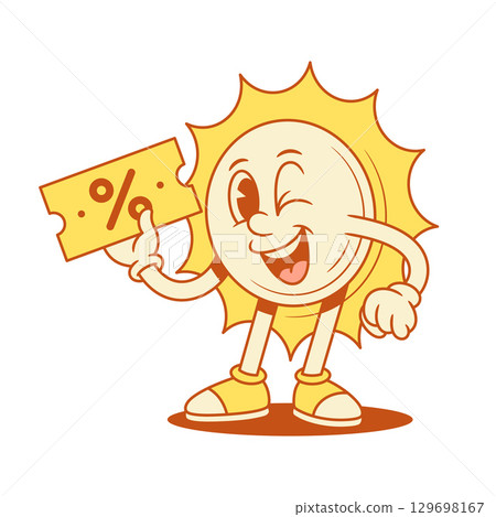 Comic yellow sun cartoon character shopping sale contoured vector flat illustration Comic yellow sun cartoon character shopping sale contoured vector flat illustration 129698167