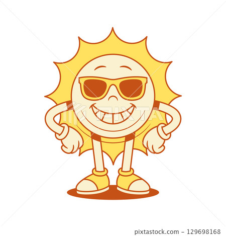 Funny comic yellow sun cartoon character in sunglasses contoured vector flat illustration Funny comic yellow sun cartoon character in sunglasses contoured vector flat illustration 129698168