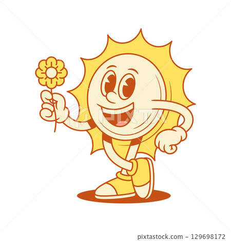 Smiling yellow sun cartoon character with flower contoured vector flat illustration 129698172