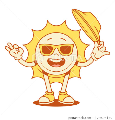 Funky yellow sun cartoon character hat welcome greeting contoured vector flat illustration 129698179