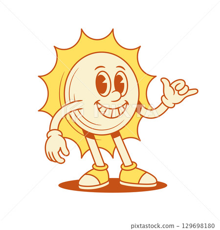 Cute yellow sun cartoon character surf relax gesture contoured vector flat illustration 129698180
