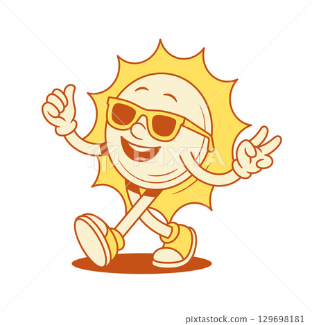 Cheerful cool yellow sun cartoon character in sunglasses contoured vector flat illustration Cheerful cool yellow sun cartoon character in sunglasses contoured vector flat illustration 129698181