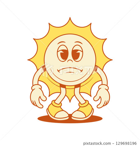Tired sad yellow sun cartoon character contoured vector flat illustration Tired sad yellow sun cartoon character contoured vector flat illustration 129698196