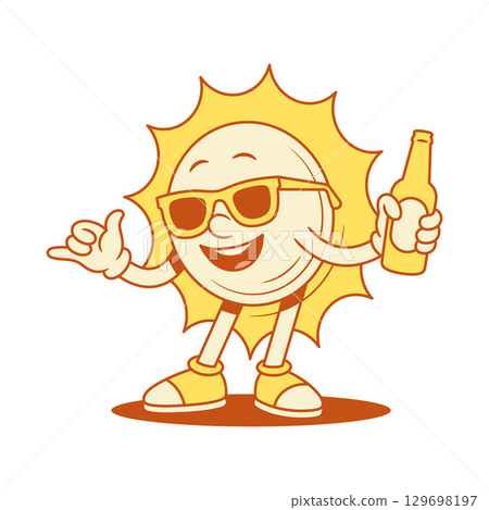 Cool relaxed yellow sun cartoon character with beer contoured vector flat illustration Cool relaxed yellow sun cartoon character with beer contoured vector flat illustration 129698197