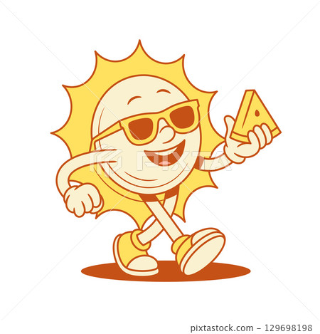 Happy yellow sun cartoon character with watermelon contoured vector flat illustration Happy yellow sun cartoon character with watermelon contoured vector flat illustration 129698198