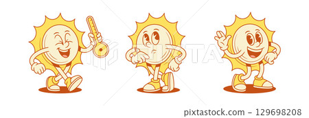Funny yellow sun cartoon character set contoured vector flat illustration Funny yellow sun cartoon character set contoured vector flat illustration 129698208