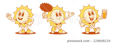 Funny cheerful yellow sun cartoon character set contoured vector flat illustration 129698210