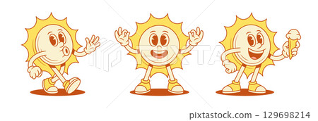 Comic positive yellow sun cartoon character set contoured vector flat illustration Comic positive yellow sun cartoon character set contoured vector flat illustration 129698214