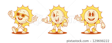 Funky happy comic yellow sun cartoon character set contoured vector flat illustration 129698222