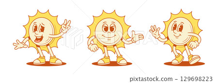 Funky cheerful yellow sun cartoon character set contoured vector flat illustration Funky cheerful yellow sun cartoon character set contoured vector flat illustration 129698223