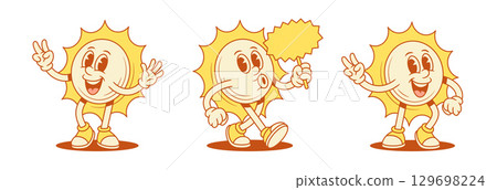 Happy cheerful yellow sun cartoon character set contoured vector flat illustration Happy cheerful yellow sun cartoon character set contoured vector flat illustration 129698224