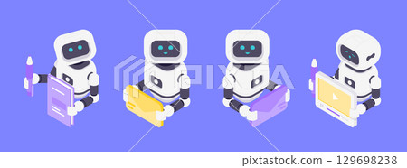 Friendly Isometric Vector Illustration AI Robots Learning Managing Data Creating Content And Handling Multimedia Technology Friendly Isometric Vector Illustration AI Robots Learning Managing Data Creating Content And Handling Multimedia Technology 129698238