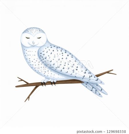 Snowy Owl with Closed Eyes Perched on a Branch in Watercolor Style on White 129698338