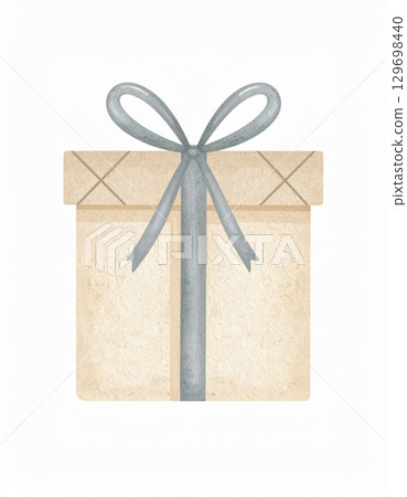 Wrapped Gift Box with Beige Paper and Soft Blue Ribbon on a White Background 129698440