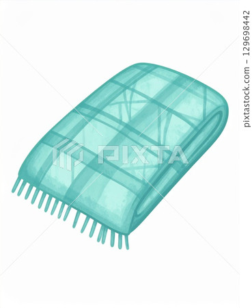 Folded Turquoise Plaid Blanket with Fringe on White Background Hand Drawn Style 129698442