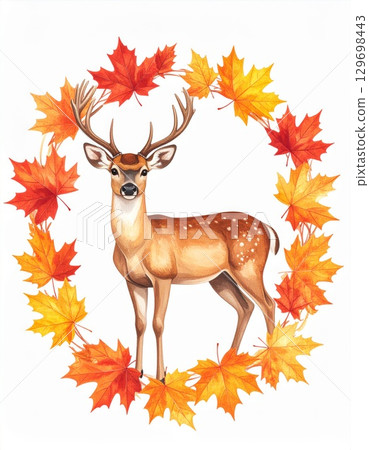 Watercolor Deer Surrounded by a Vibrant Circle of Autumn Maple Leaves 129698443