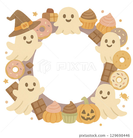 Illustration of a cute ghost and candy Halloween wreath 129698446