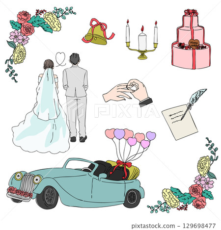 Cute icons and colors of women wearing wedding dresses and shoes and bags. Cute icons and colors of women wearing wedding dresses and shoes and bags. 129698477